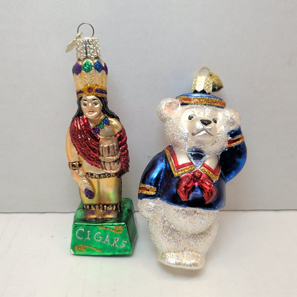 Old World Christmas Glass Ornaments Cigar Store Indian & Sailor Bear Lot of 2